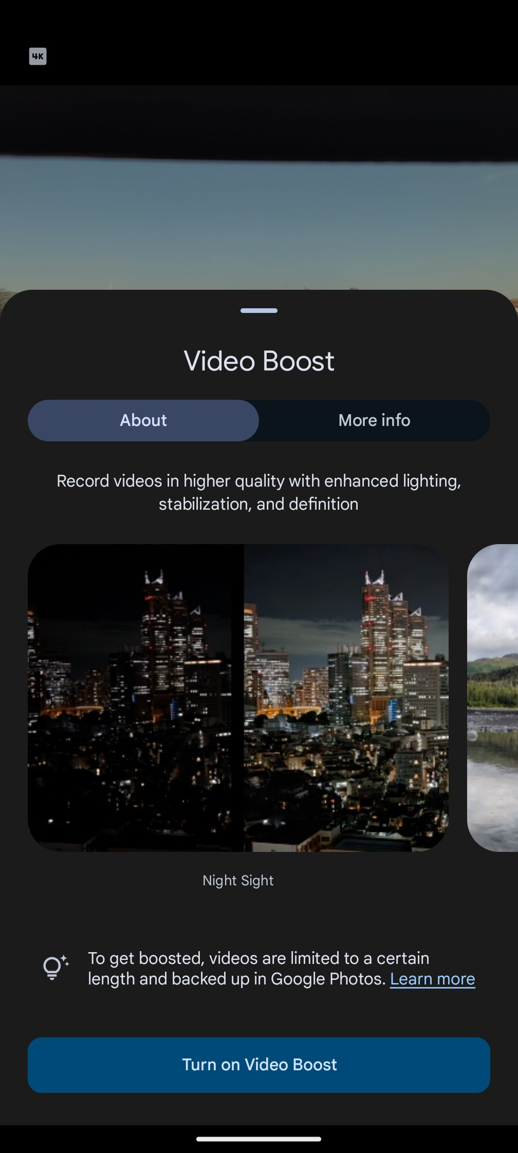 Screenshot of a tip sheet showing how Video Boost works, mentioning things like higher quality with enhanced lighting, stability, and definition. There's an image showing the improvement using Night Sight on a nighttime skyline scene