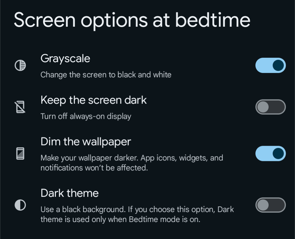 Screenshot of the list of screen options at bedtime, including making the screen grayscale, turning off always-on display, dimming the wallpaper, and forcing a dark theme