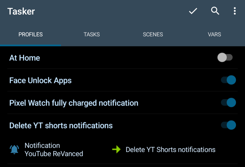 Screenshot of the profile in Tasker showing a Notification trigger that calls a task for deleting YouTube Shorts notifications